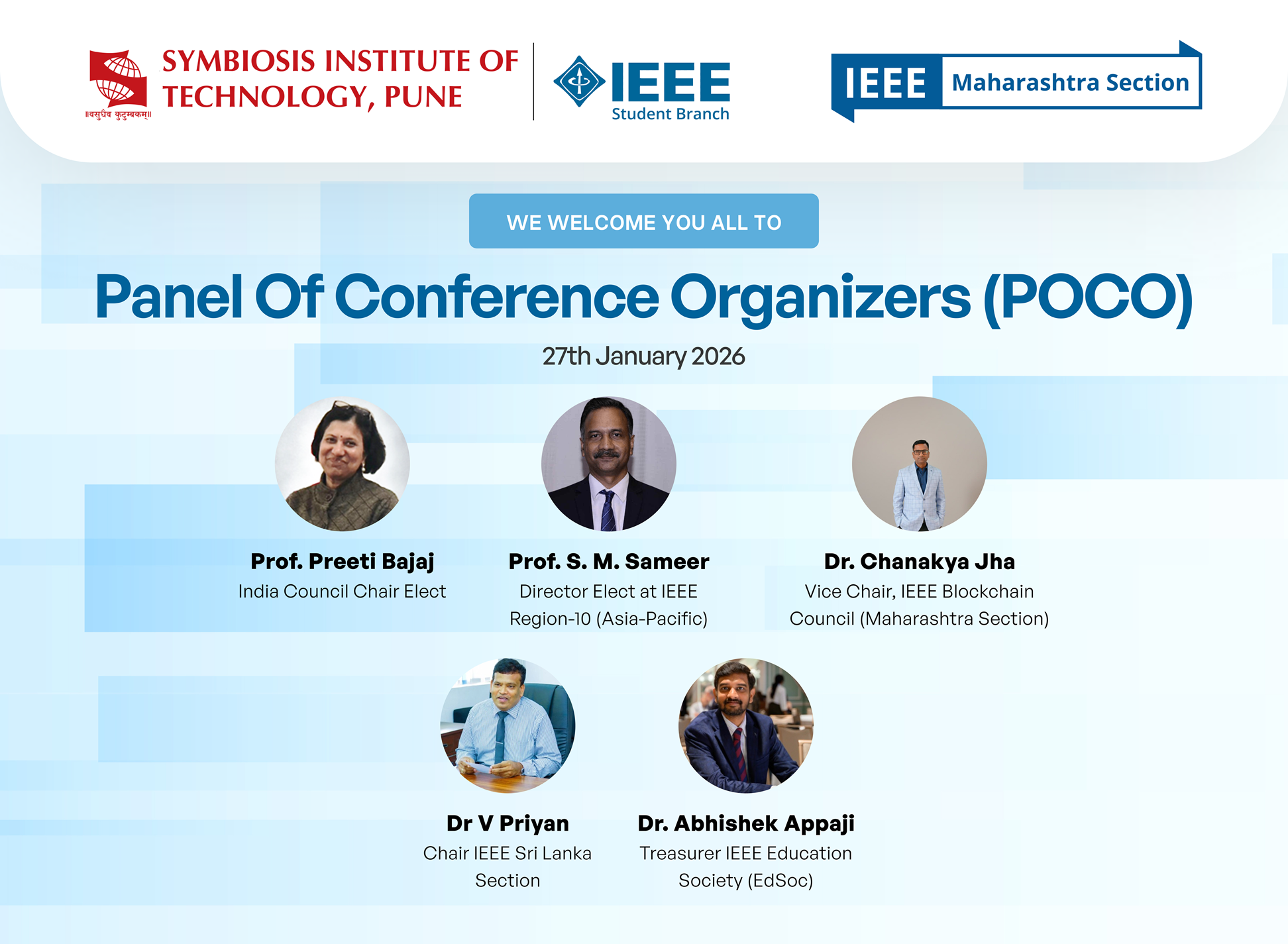 POCO 2026 Event - Panel Of Conference Organizers with speakers Prof. Preeti Bajaj, Prof. S. M. Sameer, Dr. Chanakya Jha, Dr. V Priyan, and Dr. Abhishek Appaji